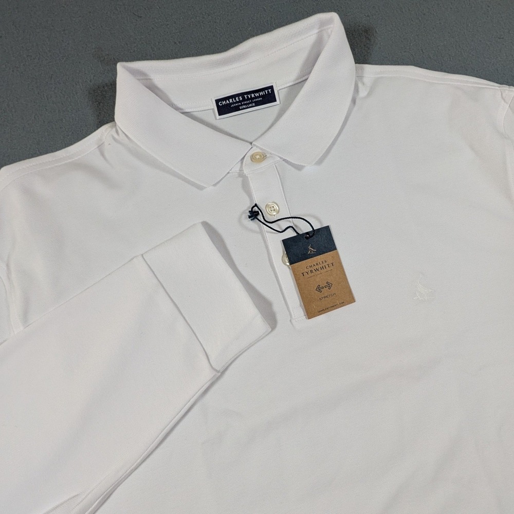 Charles Tyrwhitt Polo Shirt Mens XL White Long Sleeve Pique Stretch